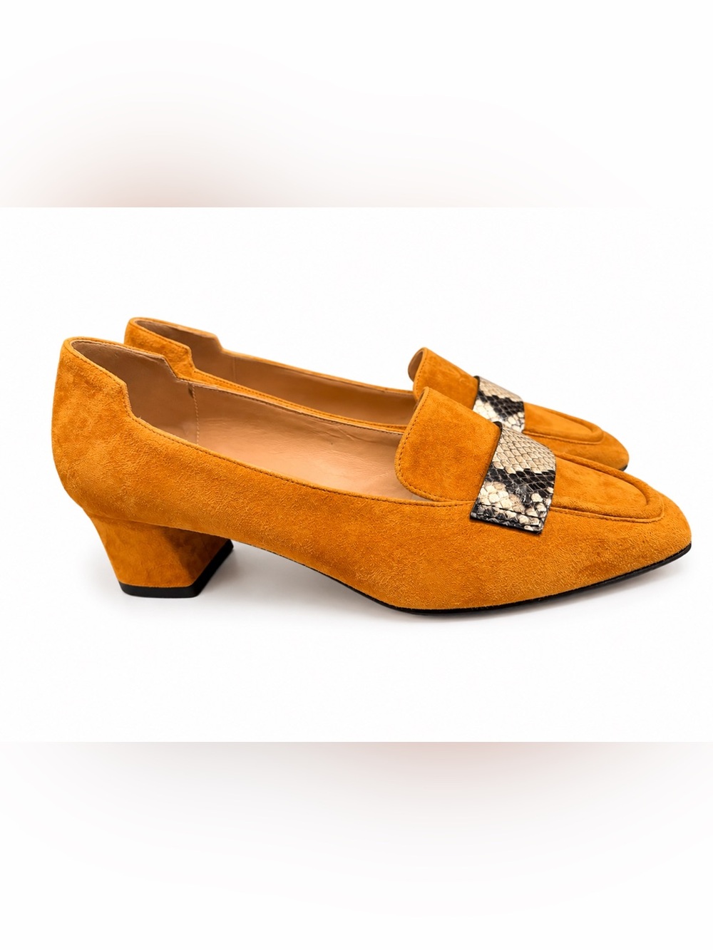 The Fold Suede Block Heel Loafers in Mustard with Snake-Print Accent